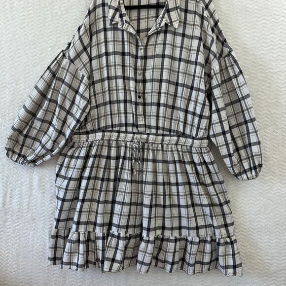 Asos Curve Flannel Check Button Down Open Back Balloon Sleeve Skater Dress Sz 24 - Picture 4 of 13